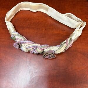 Vintage 80s 90s Braided Floral Rope Belt Lavender Sage Rose Hook Loop 27.5in